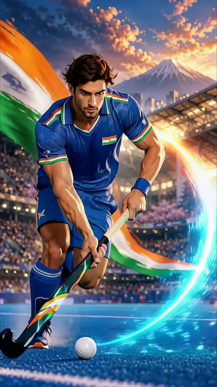 Indian Hockey Player In Blue Uniform With Glowing Energy Strike
