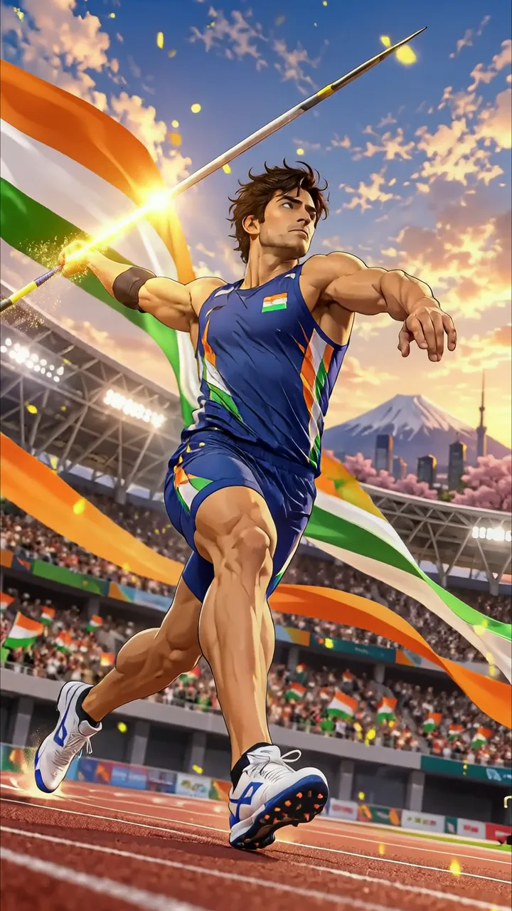 Indian Javelin Thrower In Action With Tricolor Flag