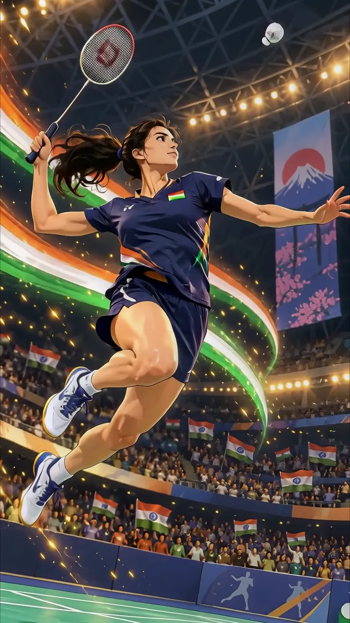 Badminton Player In Action With Indian Flag And Cherry Blossoms