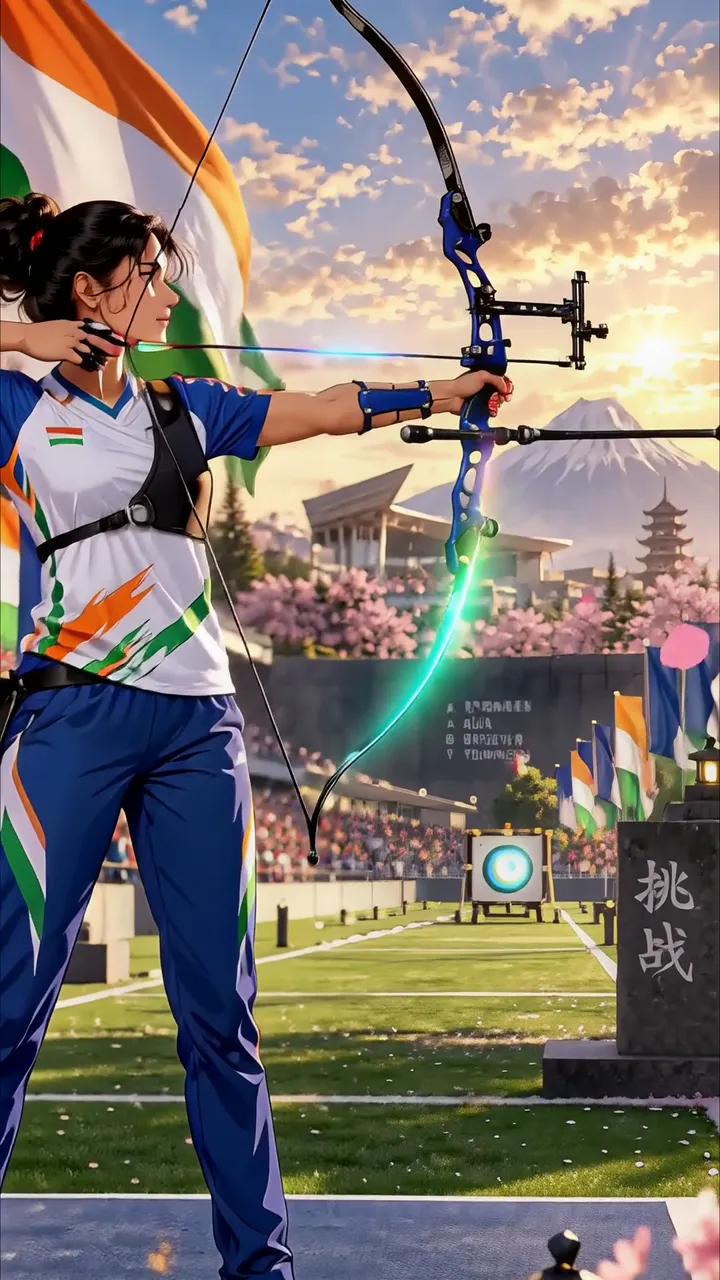 Indian Archery Athlete Aiming At Target With Blue Bow