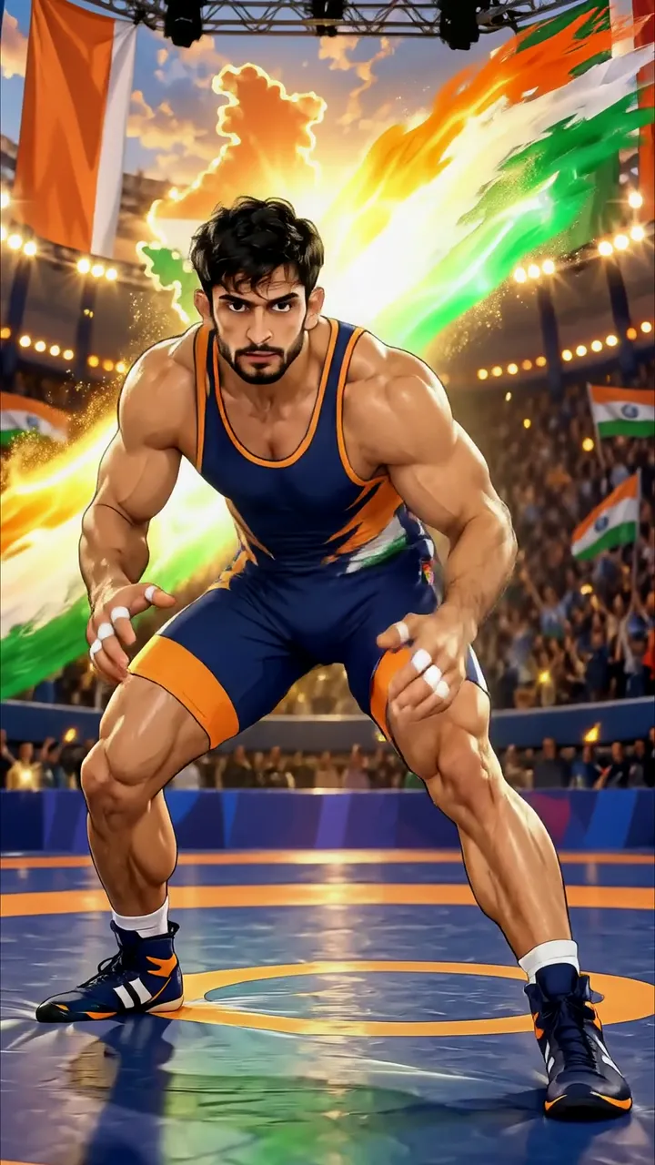 Indian Wrestling Champion In National Colors With Tricolor Aura