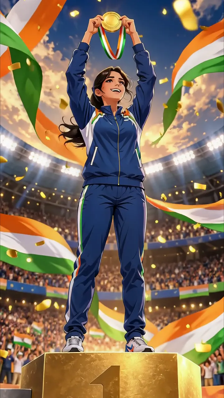 Indian Female Athlete Celebrating Gold Medal Victory With Tricolor Flags