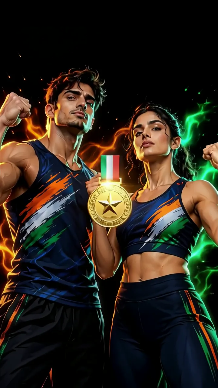 Indian Athletes Holding Gold Medal With National Colors