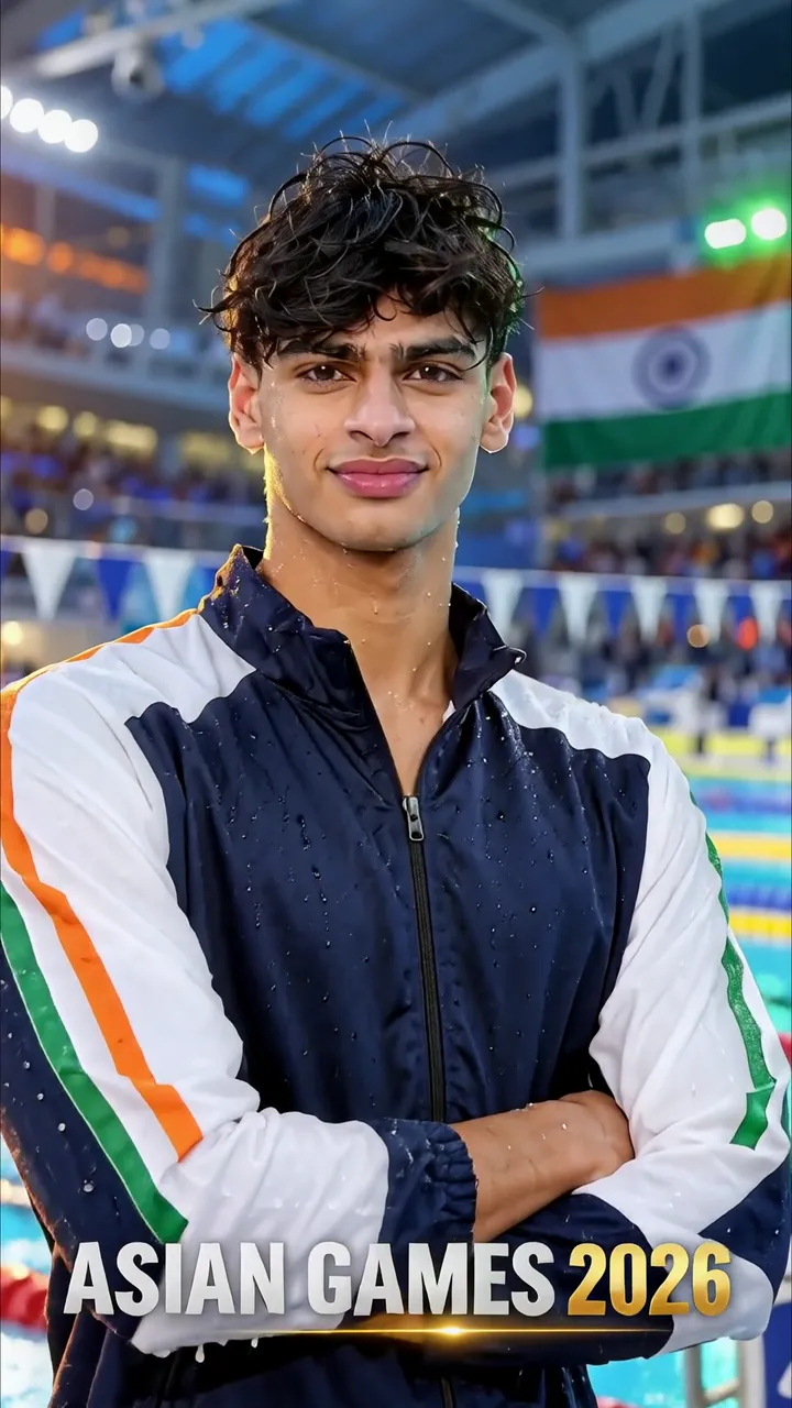 Indian Swimmer Asian Games 2026 Victory Pose With National Flag