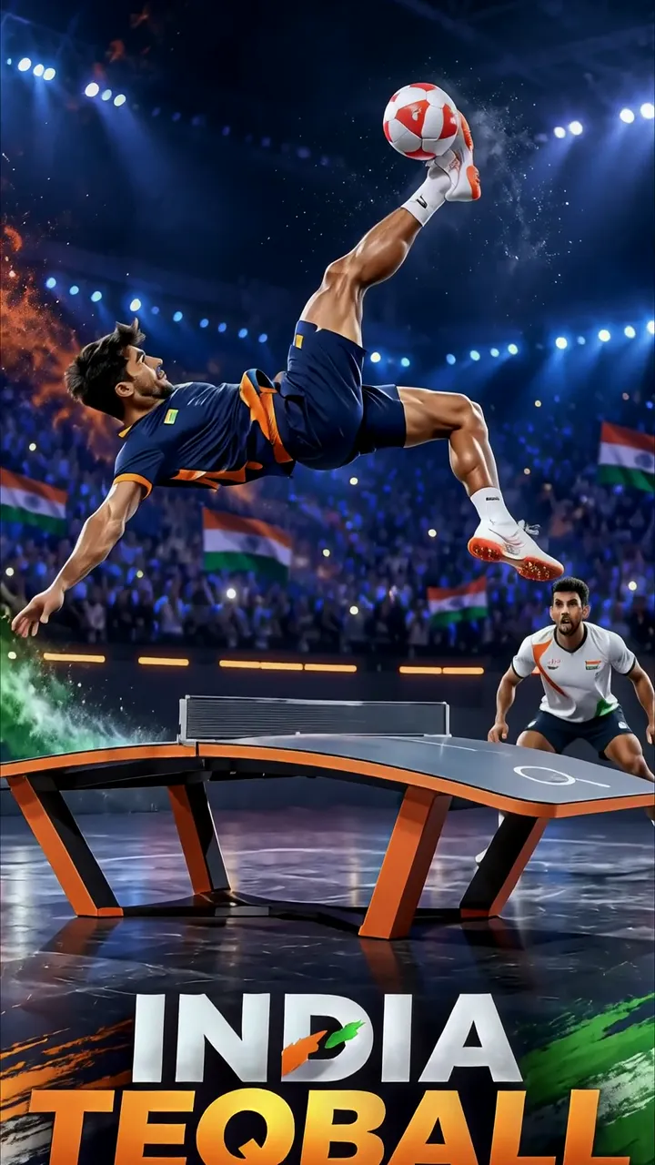 Indian Teqball Player Mid-Air Kick With Fire Effect