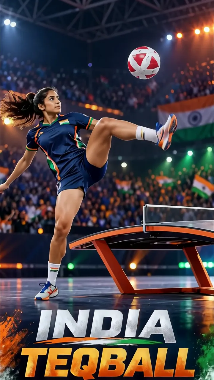 Indian Female Teqball Player Kicking Ball In Stadium