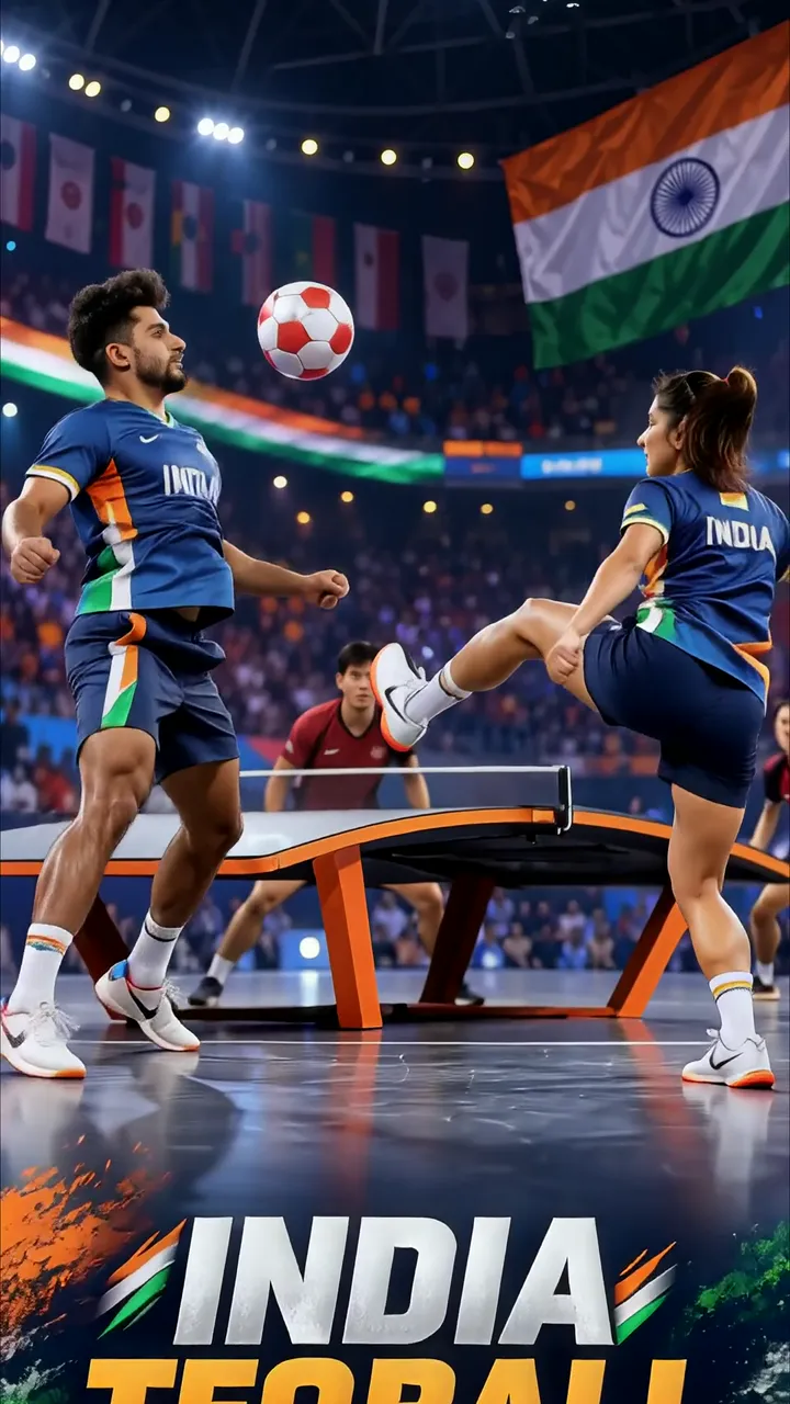 India Teqball Players In Action With National Flag
