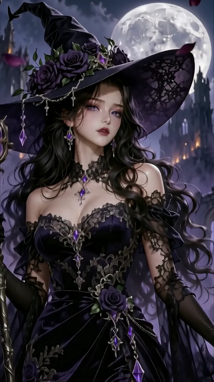 Dark Witch With Purple Roses And Skull Moon