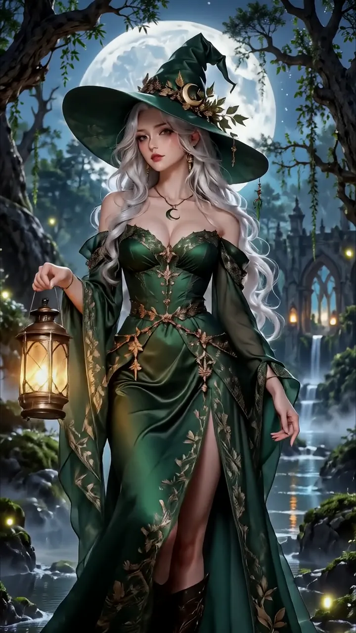 Mysterious Witch In Green Forest With Full Moon And Lantern