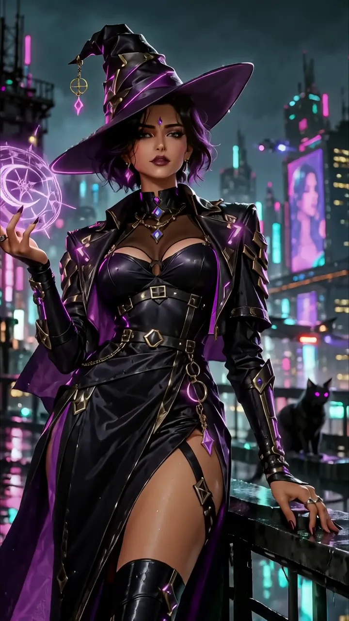 Dark Witch With Purple Aura Casting Magic In Neon City