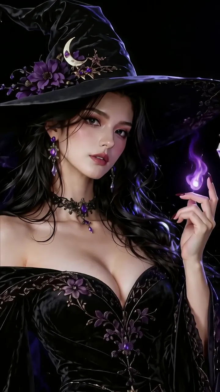 Mysterious Witch With Purple Aura And Moon Hat