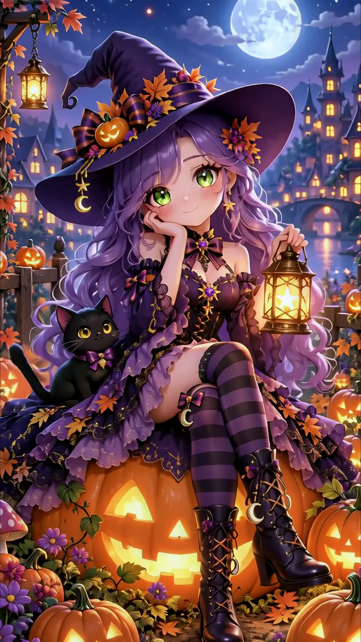 Cute Witch With Black Cat And Pumpkin Lantern Halloween