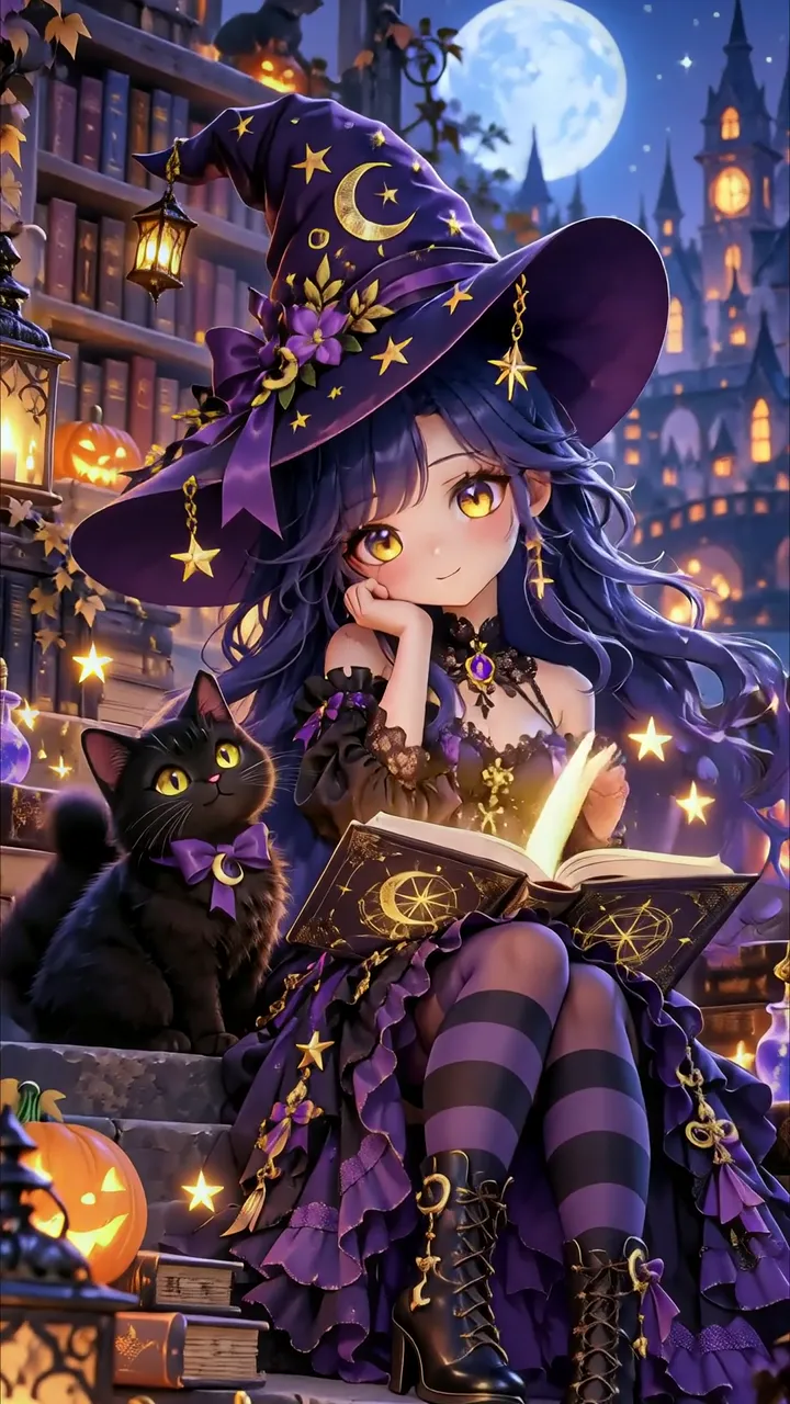 Cute Witch Girl With Black Cat Reading Magic Book Halloween