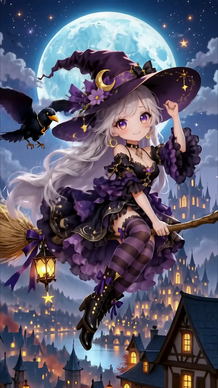 Cute Witch Girl Flying On Broomstick With Raven And Full Moon
