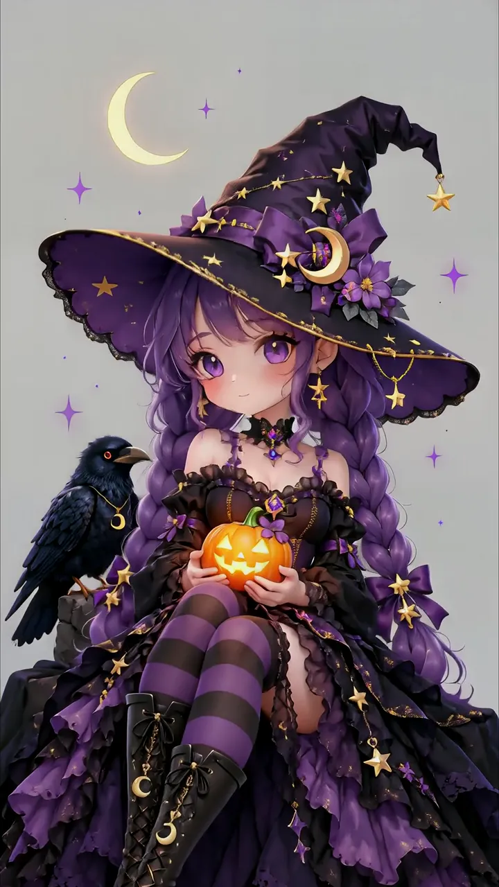 Cute Witch Girl With Raven And Pumpkin Halloween