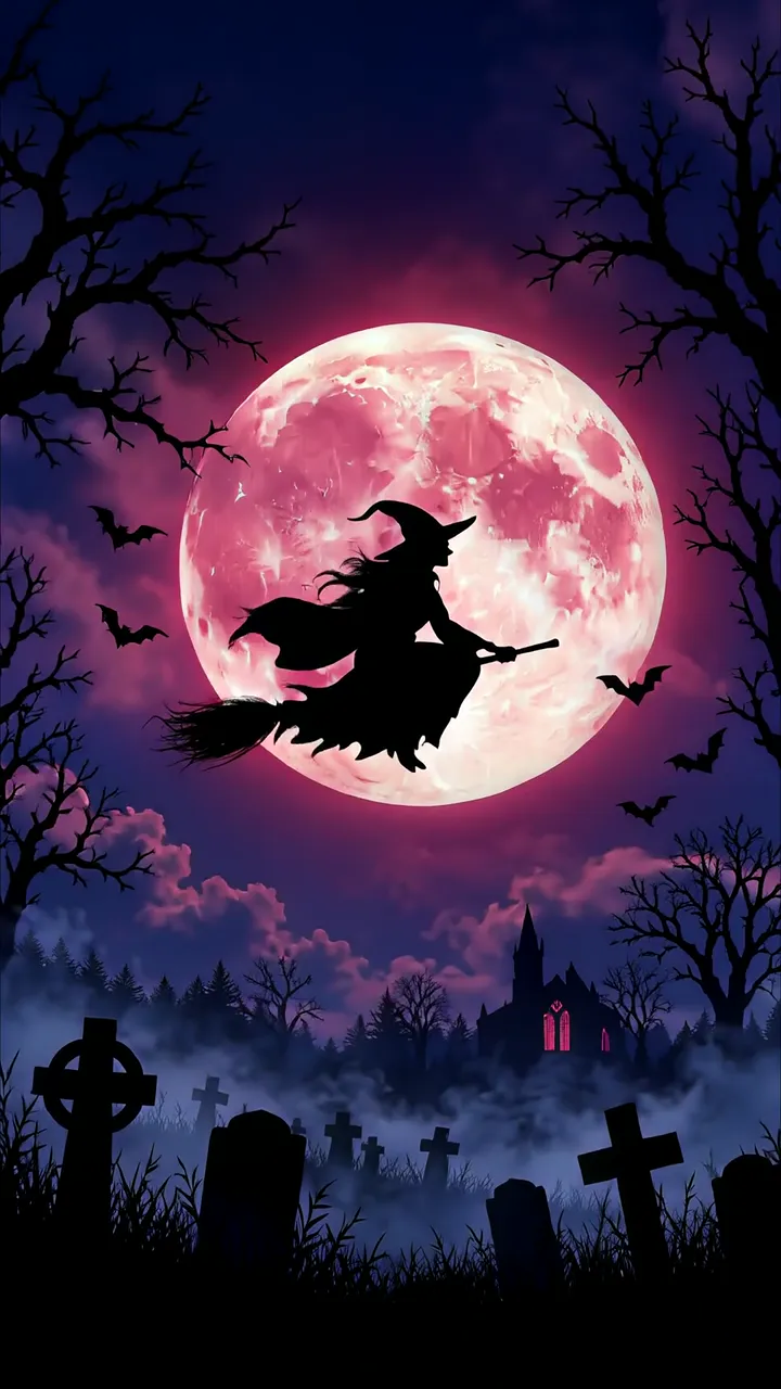 Witch Flying On Broomstick Over Blood Moon Halloween Scene