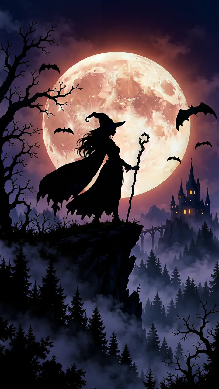 Witch Silhouette On Cliff With Full Moon And Castle