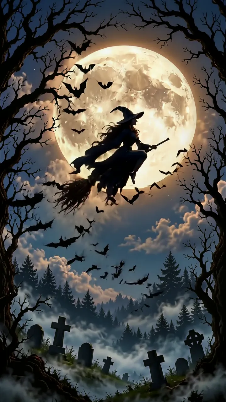 Witch Flying On Broomstick With Bats And Full Moon