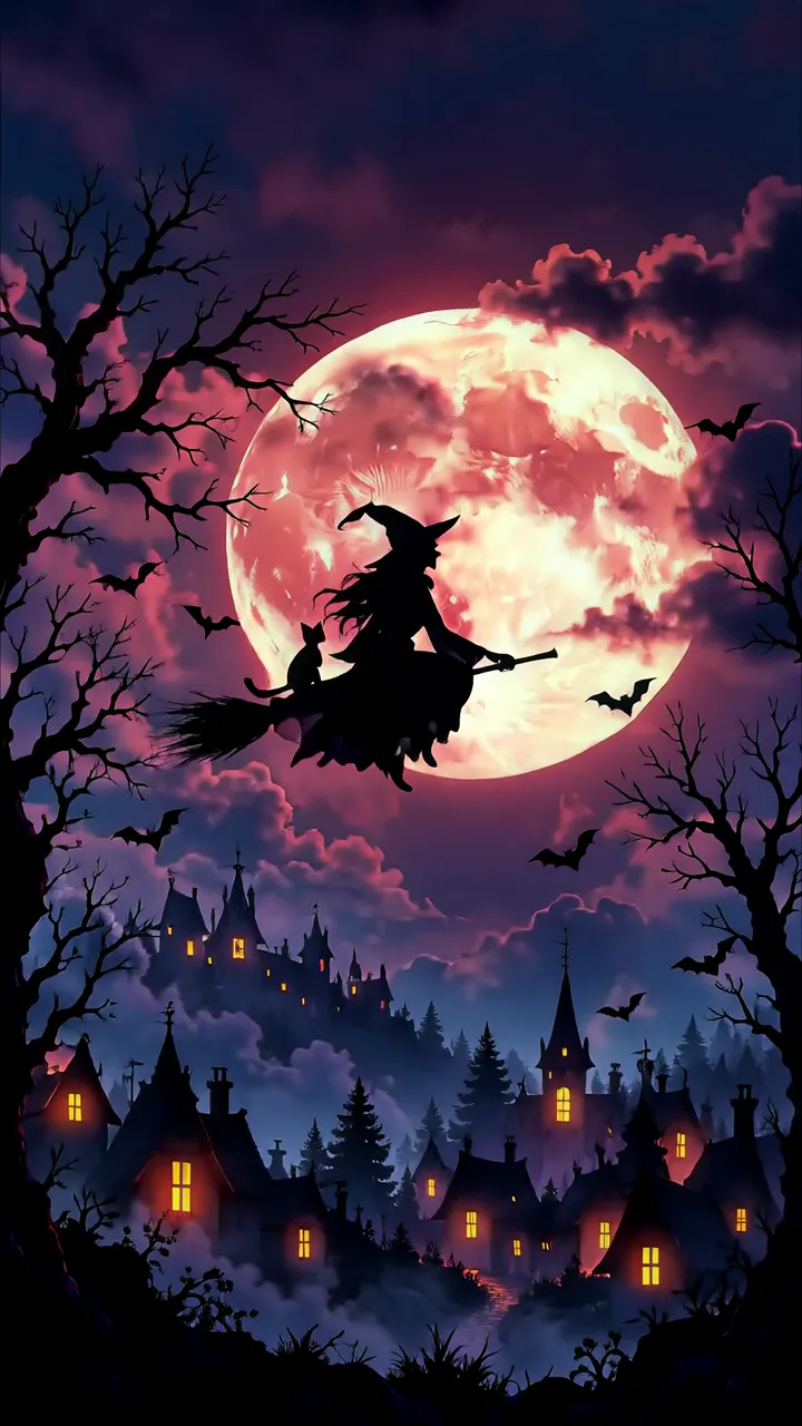 Witch Flying On Broom With Cat Against Blood Moon Halloween