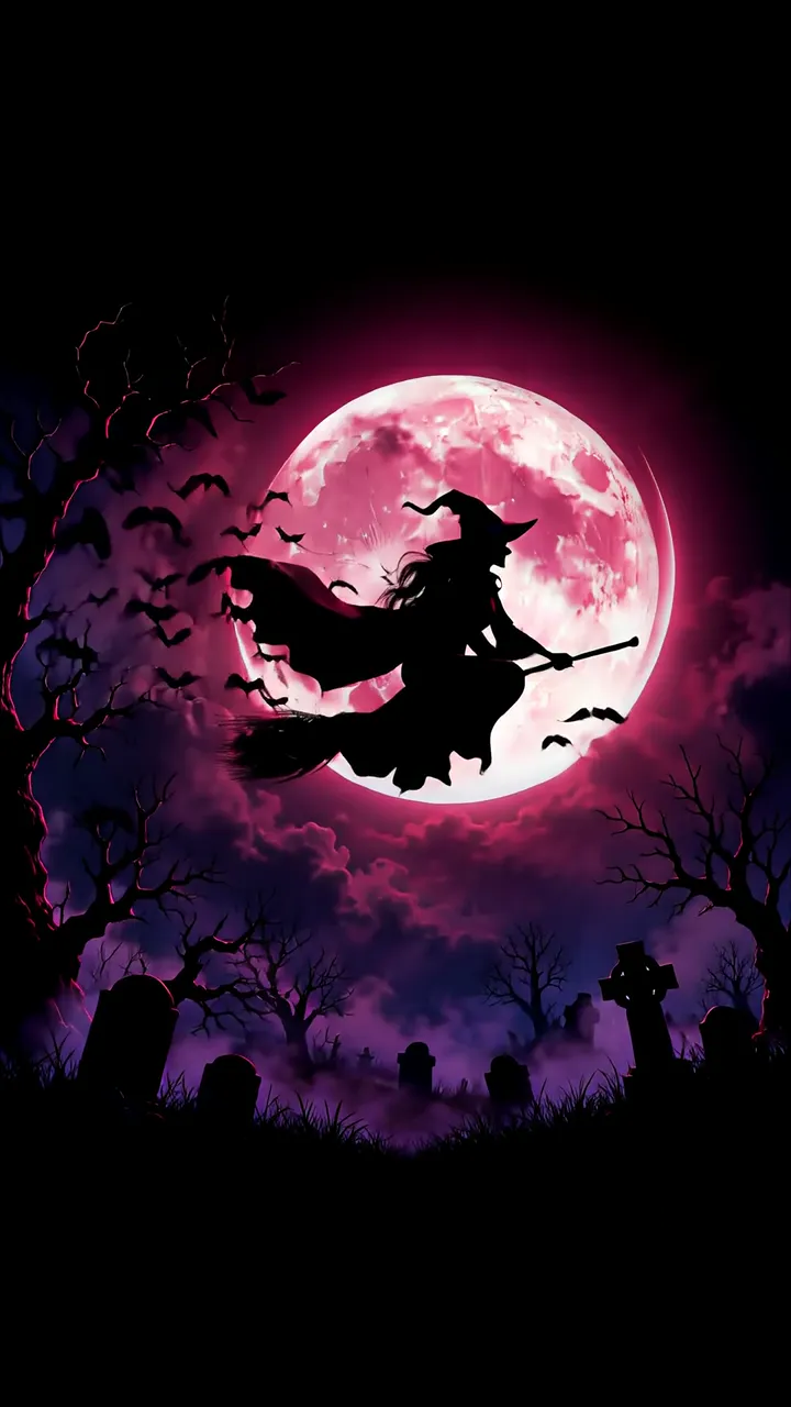Witch Flying On Broomstick Over Pink Moon Halloween Scene