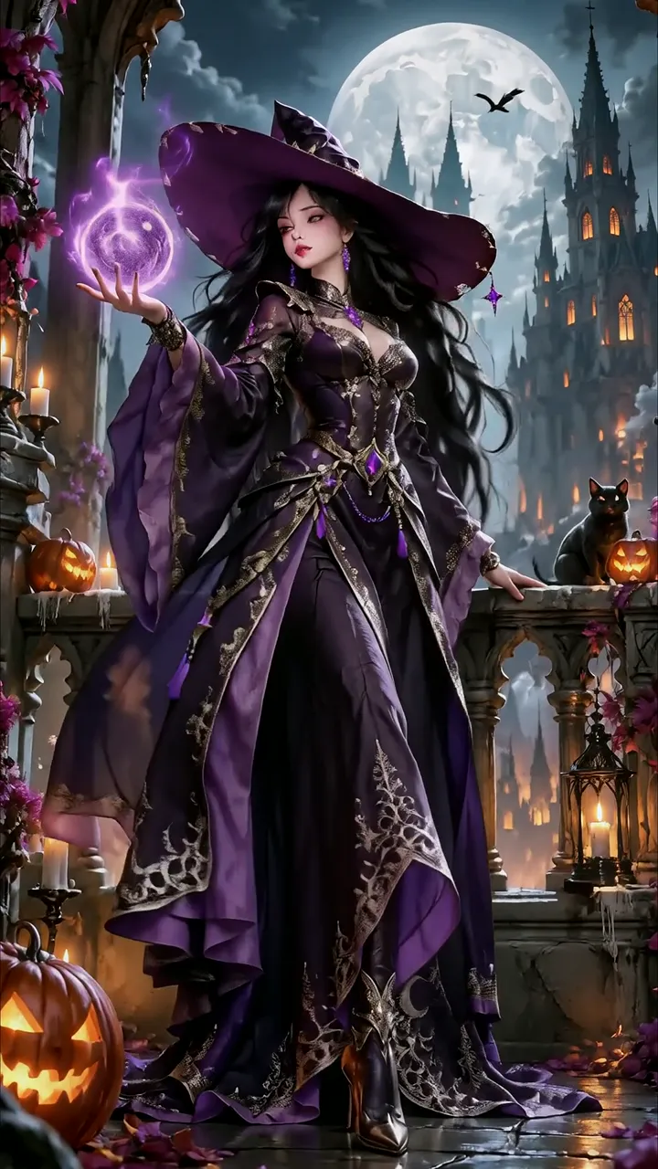 Dark Witch Casting Purple Magic Spell Halloween