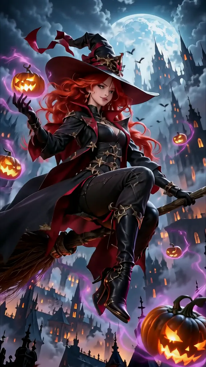 Red Haired Witch Flying On Broomstick With Pumpkin Halloween