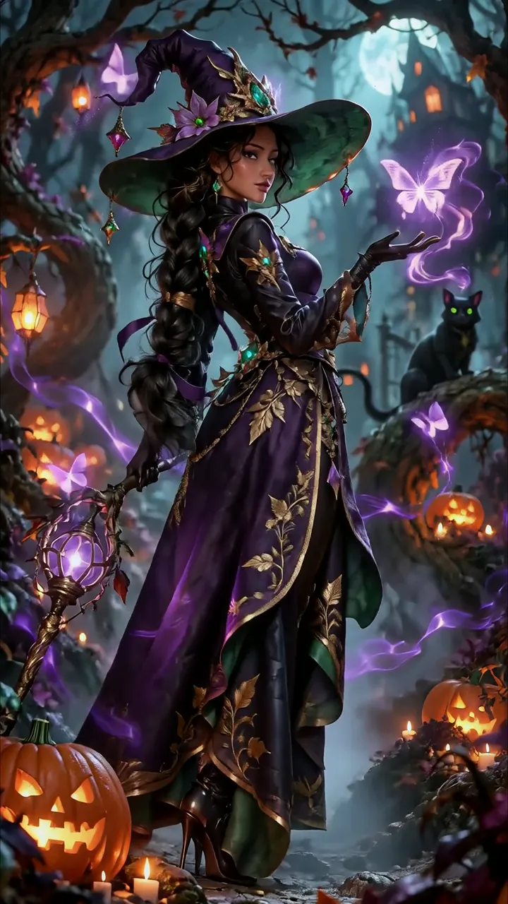 Mysterious Witch With Purple Aura And Black Cat Halloween