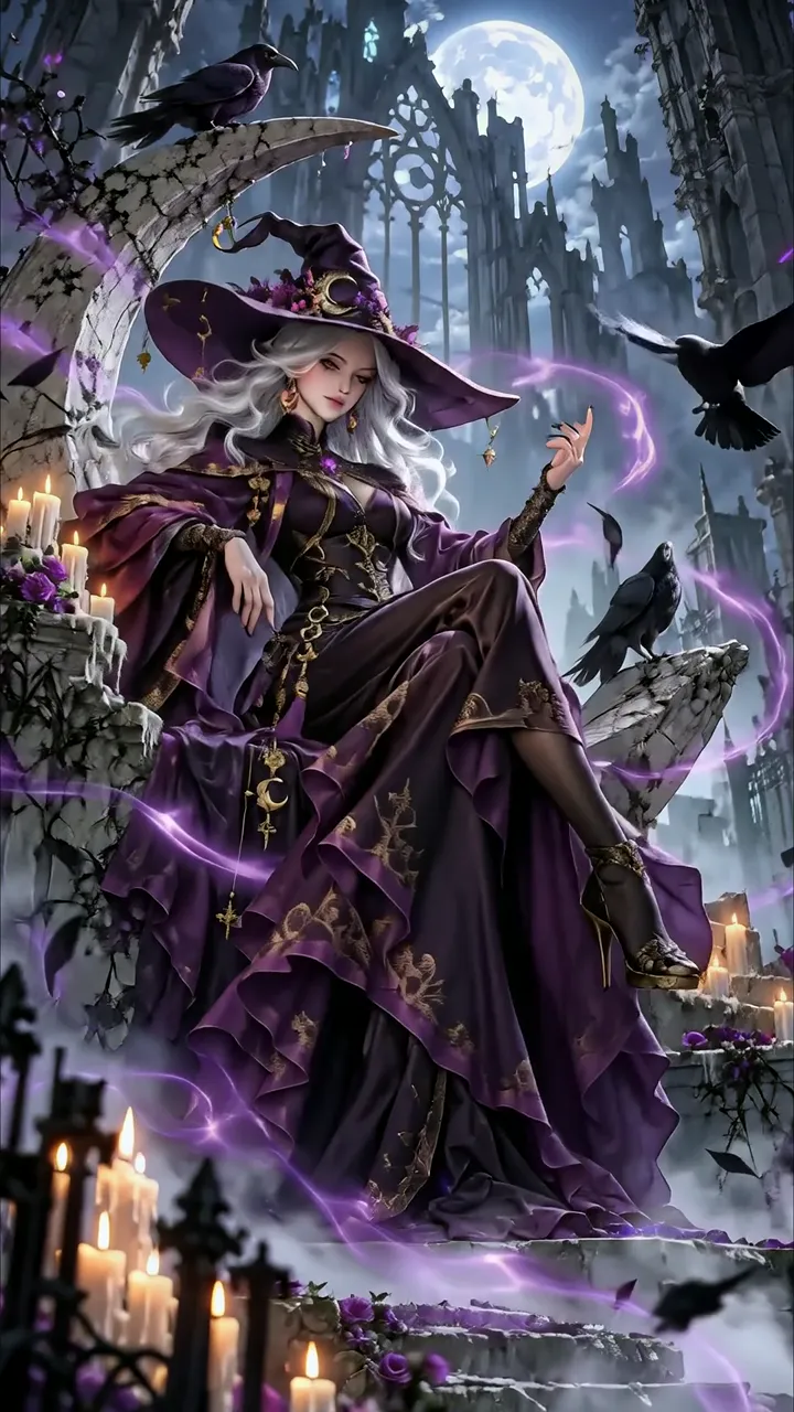 Mysterious Witch With Purple Aura And Crows Moonlit Scene