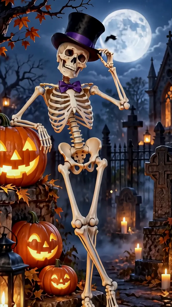 Elegant Skeleton In Top Hat With Pumpkin Graveyard Halloween