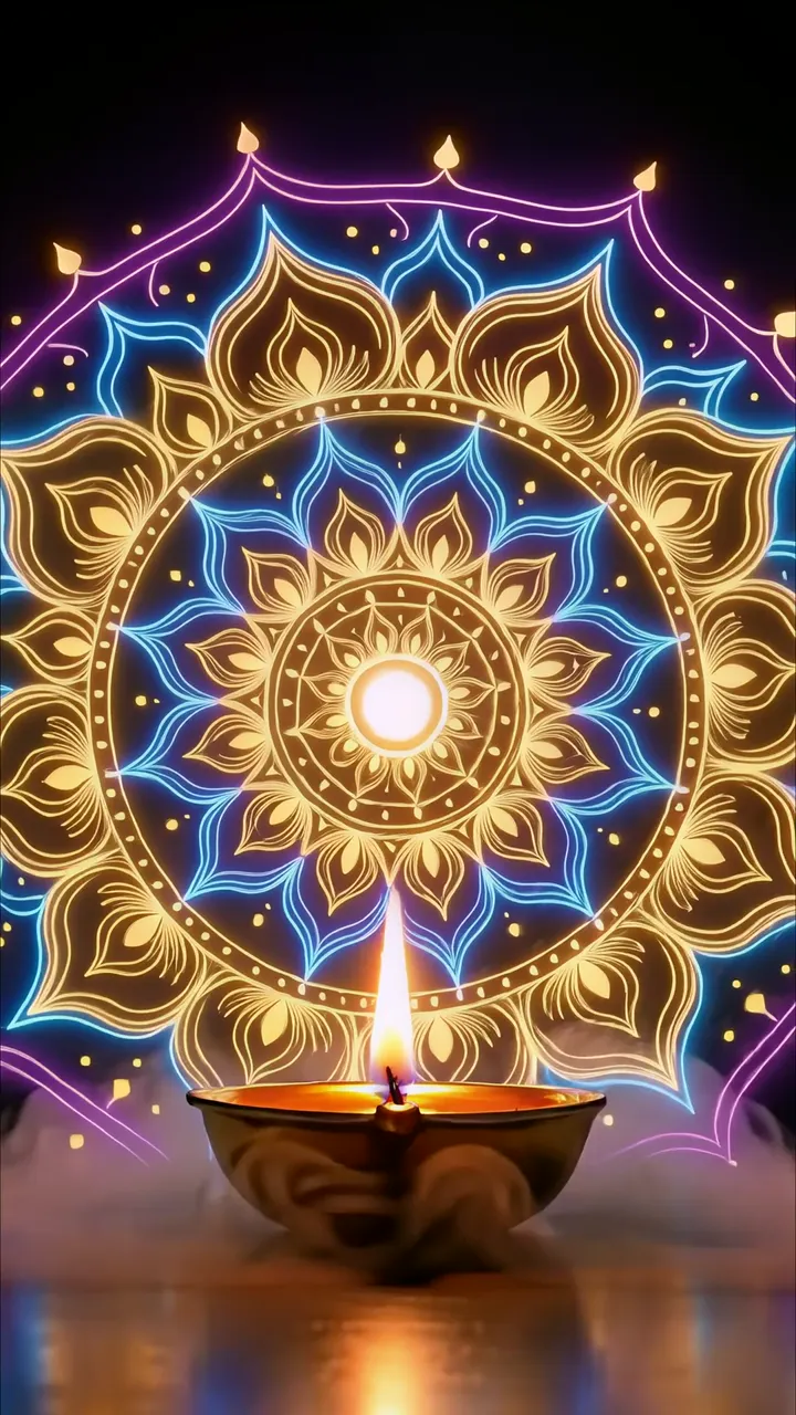Glowing Diya With Sacred Mandala And Neon Lights