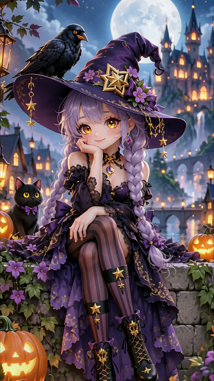 Anime Witch With Raven And Pumpkin Halloween Night Scene