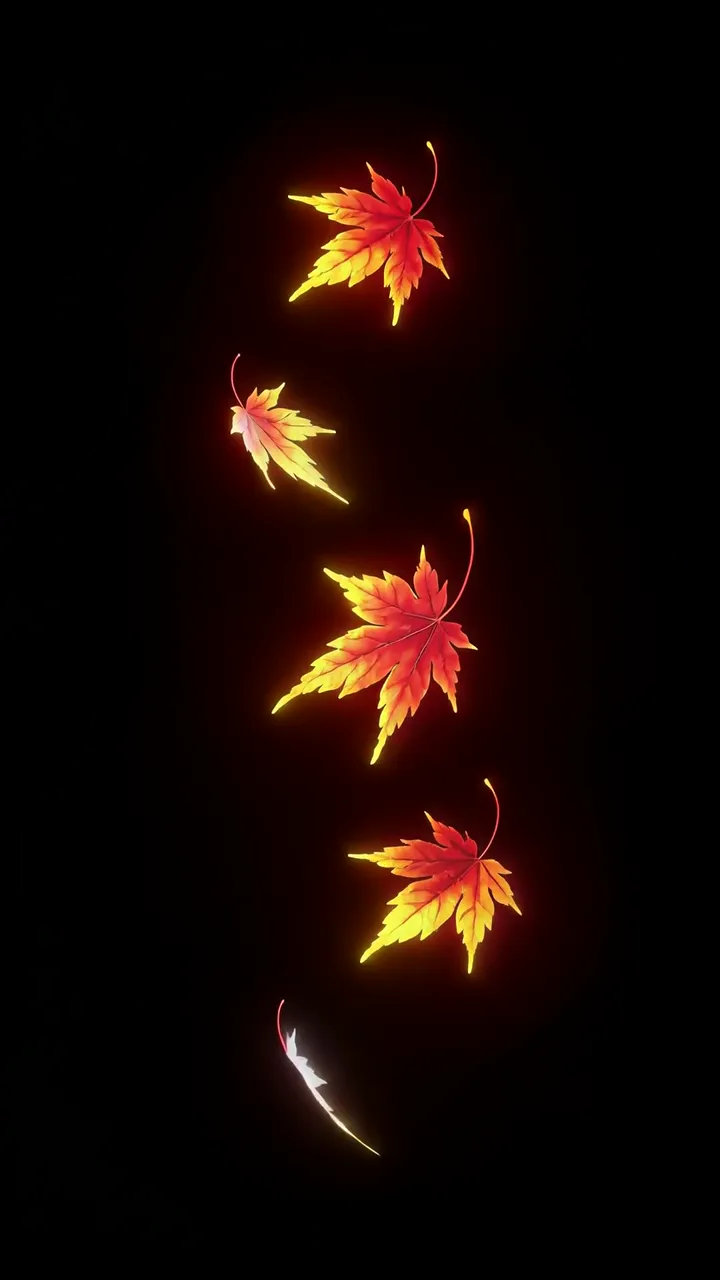Glowing Maple Leaves Falling In Dark Night Sky