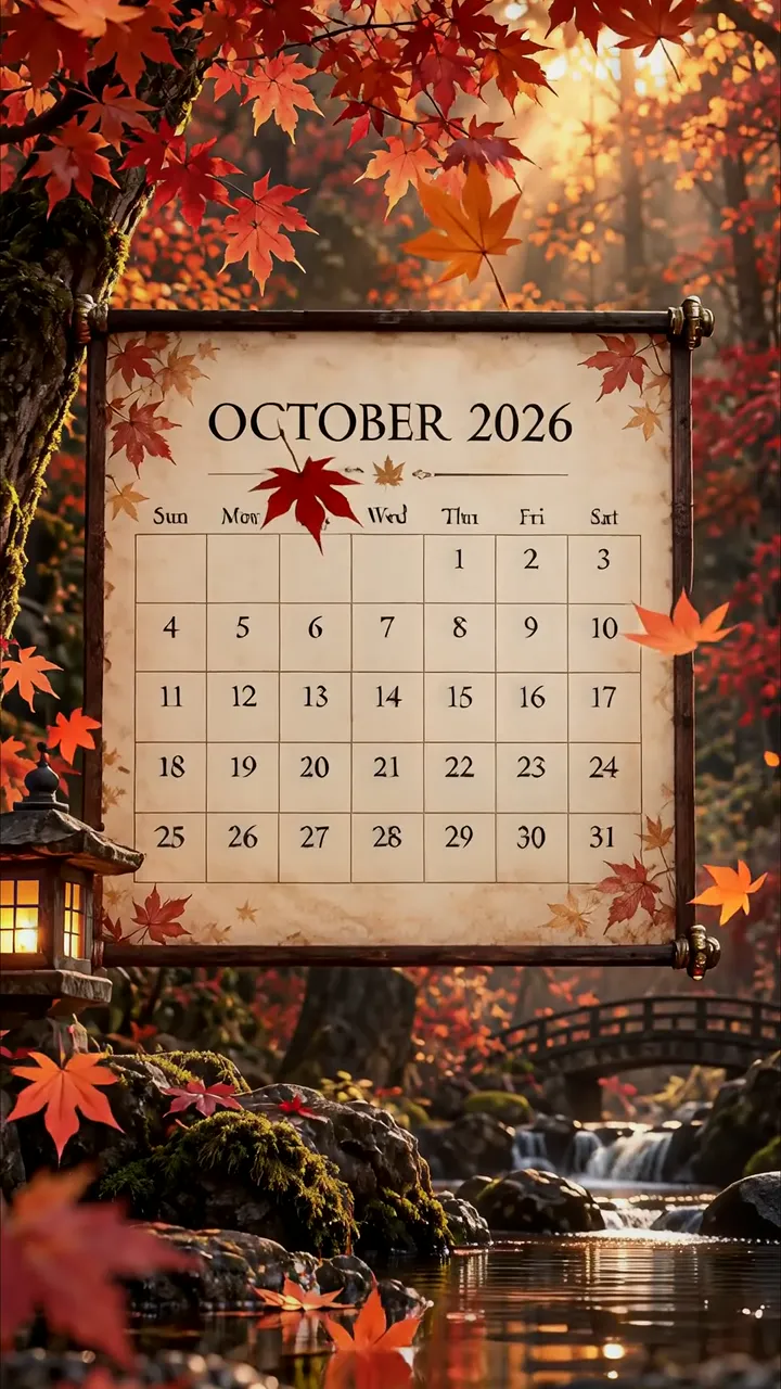 October 2026 Japanese Garden Calendar With Autumn Maple Leaves