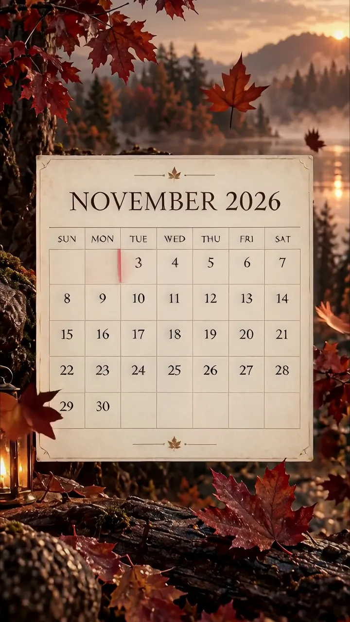 November 2026 Autumn Calendar With Maple Leaves And Lantern