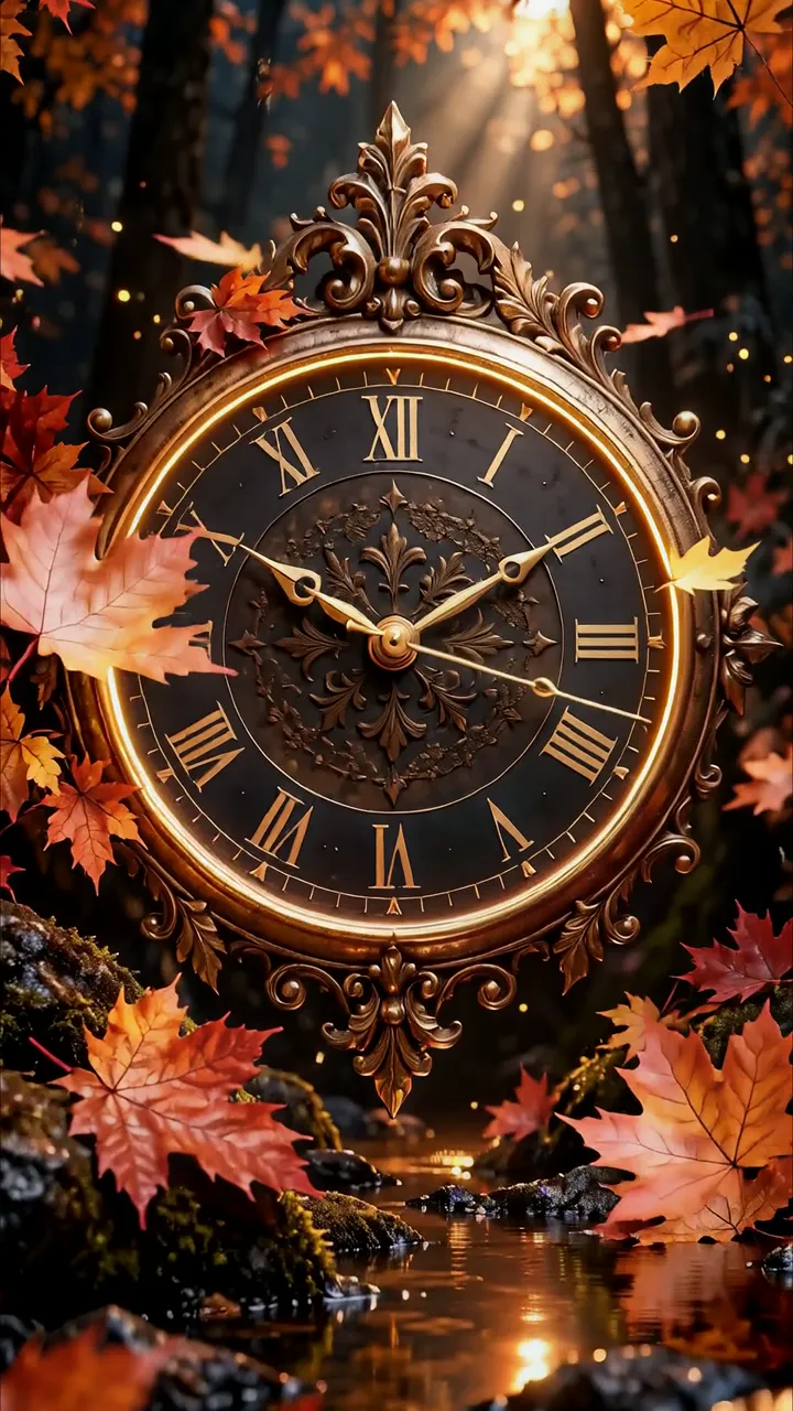 Vintage Ornate Clock In Autumn Forest With Falling Maple Leaves