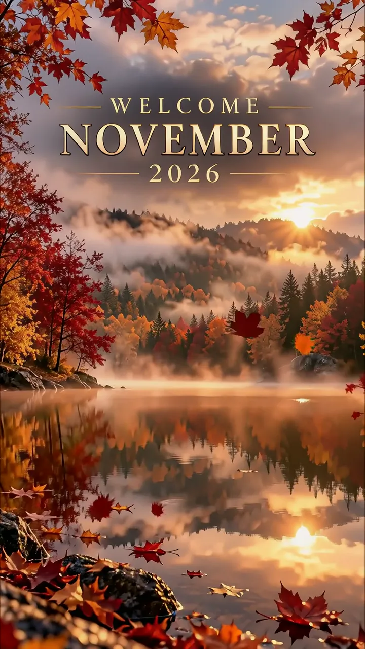 Autumn Forest Sunrise Reflection With Falling Maple Leaves