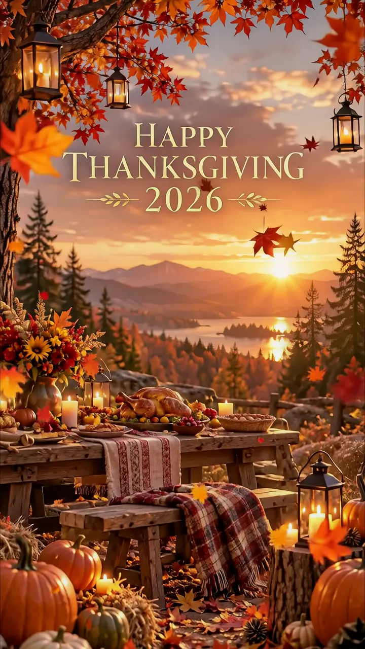 Thanksgiving Feast With Pumpkins And Autumn Sunset