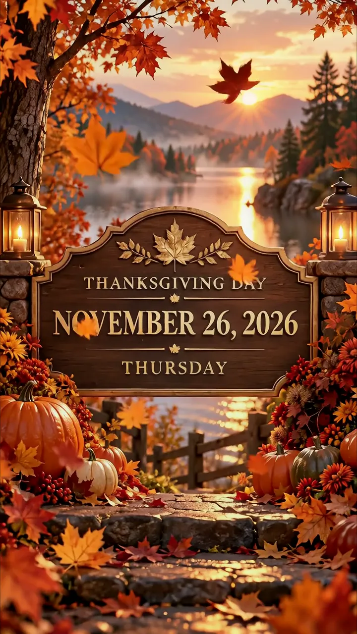 Thanksgiving Day 2026 Autumn Landscape With Pumpkins And Maple Leaves