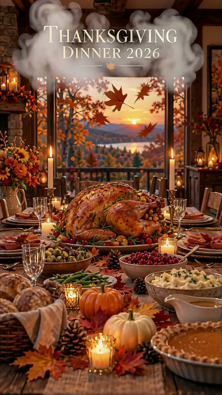 Thanksgiving Dinner 2026 Feast With Roasted Turkey And Autumn Leaves