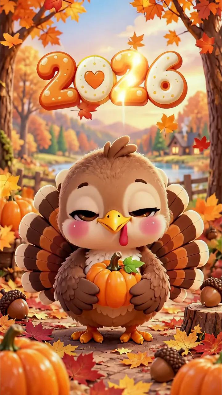 Cute Turkey Holding Pumpkin In Autumn Forest 2026