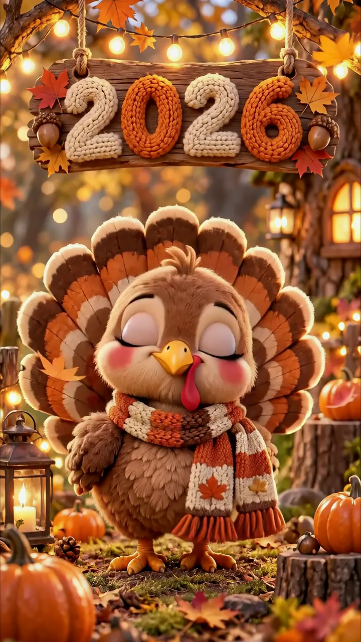 Cute Turkey With Scarf In Autumn Forest Thanksgiving Scene