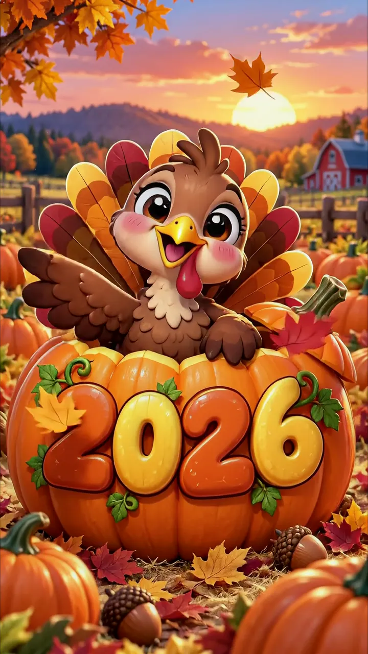 Cute Turkey In Pumpkin With 2026 Autumn Harvest Scene
