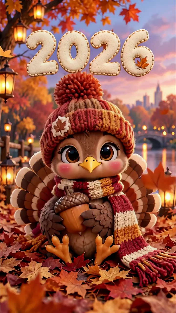 Cute Turkey Owl In Autumn Scarf Holding Acorn