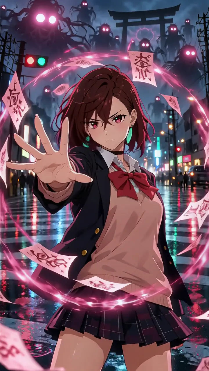 Anime Girl Defending Against Ghosts With Pink Energy Ring