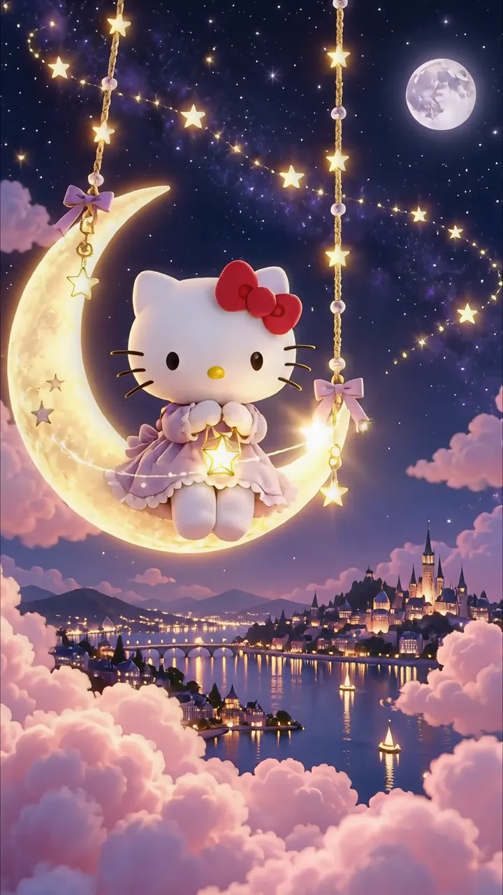 Hello Kitty Cozy Night Scene On Crescent Moon With Starry Sky