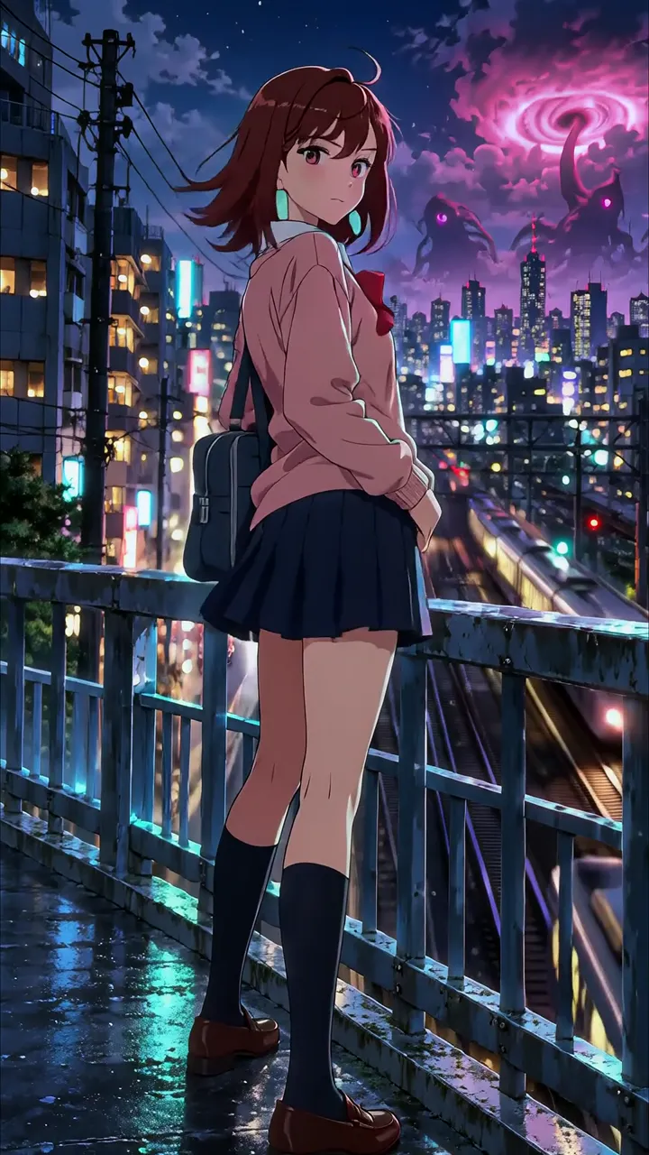 Anime Girl Standing On Bridge With Monster In Night Sky
