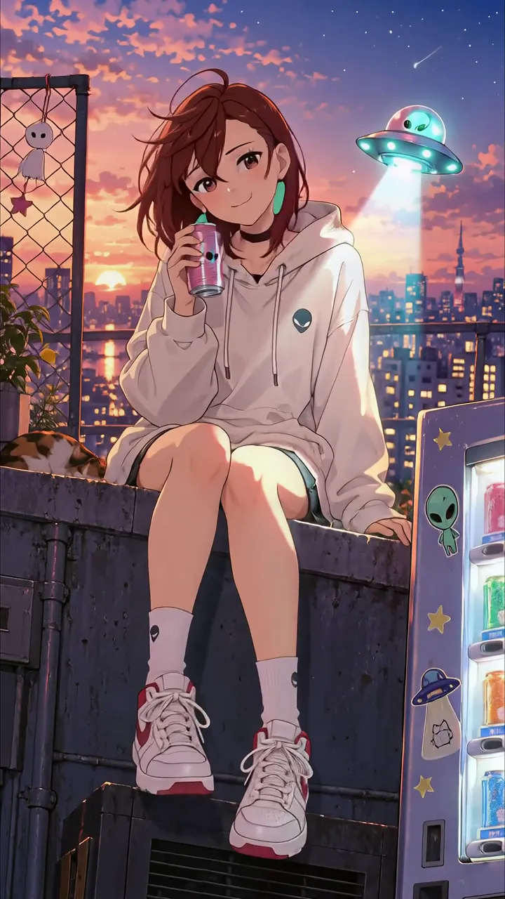 Anime Girl Cozy Rooftop With UFO And Alien Vending Machine