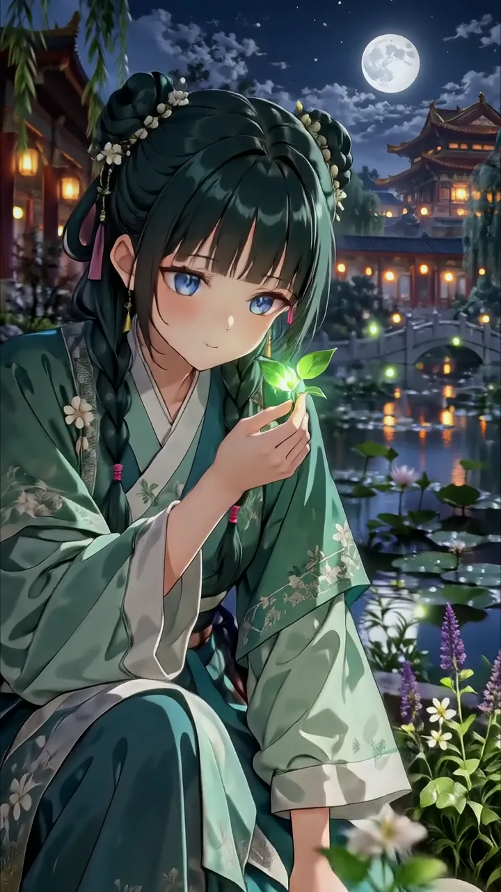 Anime Girl Holding Glowing Leaf In Moonlit Chinese Garden