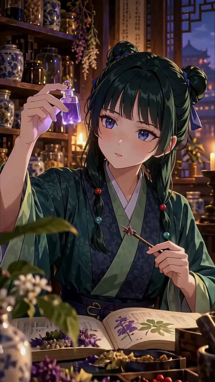 Anime Girl In Traditional Herbalist Shop With Purple Potion