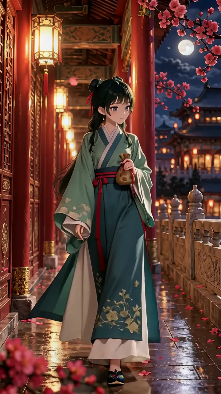 Anime Girl In Traditional Chinese Hanfu Walking Under Cherry Blossoms Moonlight